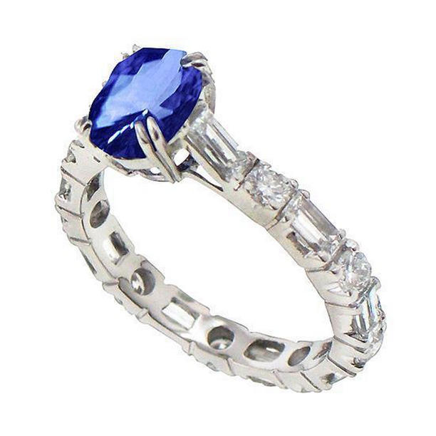 3.76 CT Oval Sri Lanka Blue Sapphire Diamonds Anniversary Ring, Gold - Size 6.5
