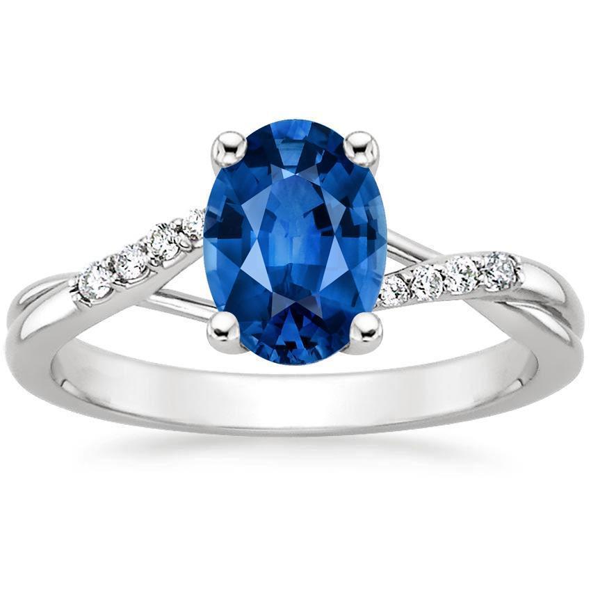 60822 Oval & Round Ceylon Sapphire Diamonds 2.40 CT Ring, 14K White Gold - Size 6.5