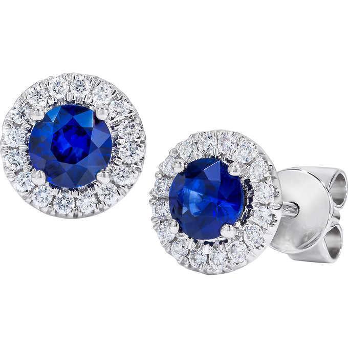 Round Ceylon Sapphire 4.60 CT Stud Earring, 14K White Gold