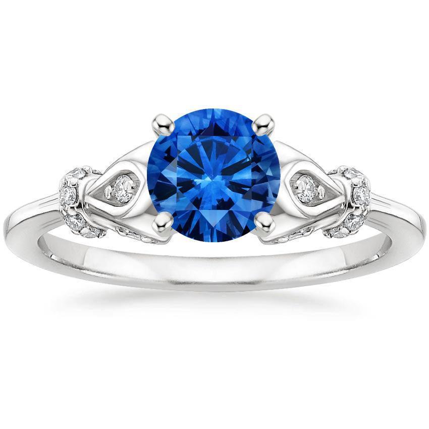 60825 14K White Gold 2.40 CT Round Ceylon Sapphire Diamonds Wedding Ring, Size 6.5