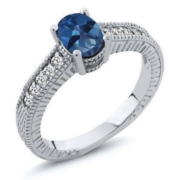 60828 Ceylon Sapphire & Diamonds 2 CT Anniversary Ring, 14K White Gold - Size 6.5