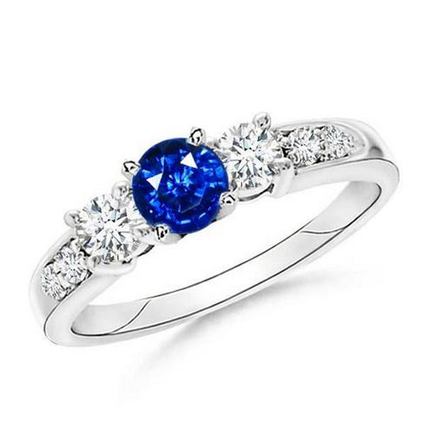 3.40 CT Round Sri Lanka Sapphire Diamonds Wedding Ring, Size 6.5