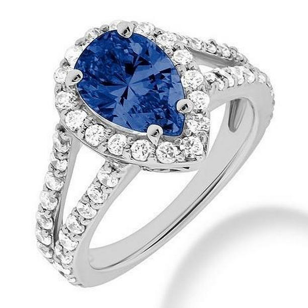 60836 Pear Cut Sri Lankan Sapphire & Round Diamonds 4 CT Ring, Size 6.5