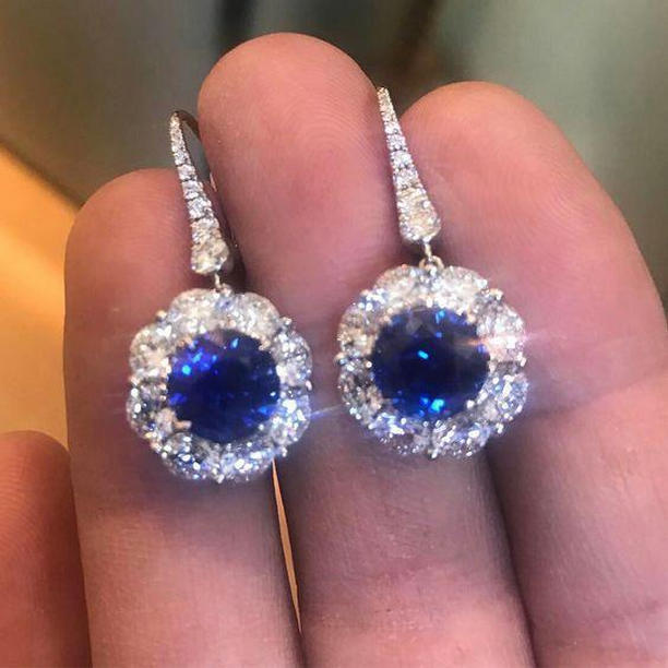Round Cut 2.50 CT Sri Lankan Sapphire & Diamond Dangle Earring