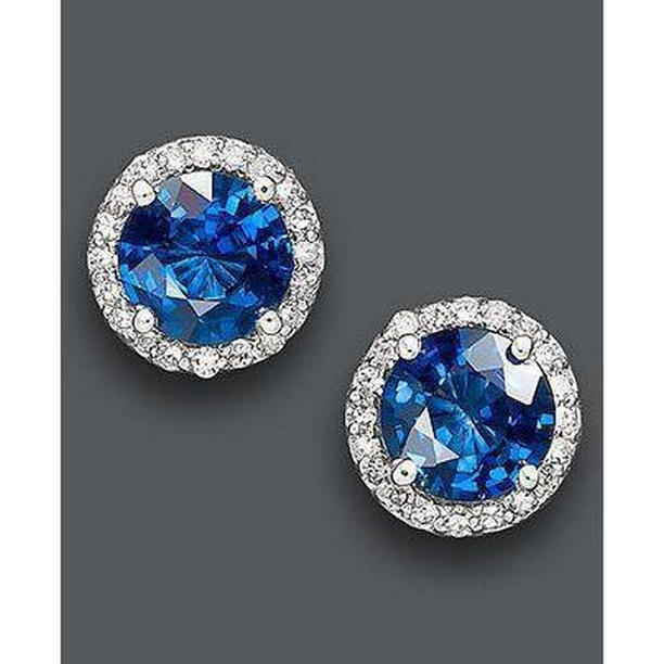 2.90 CT Round Cut Sri Lankan Sapphire Halo Diamond Stud Earring