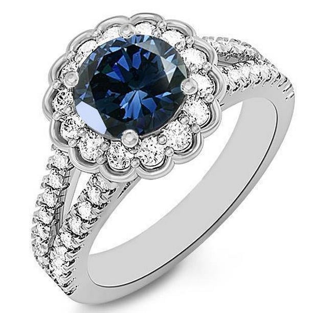 61501 2.25 CT Round Sri Lanka Blue Sapphire Halo Diamond Ring, White Gold - Size 6.5