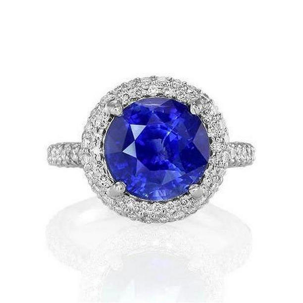 Picture of Harry Chad Enterprises 61504 2.40 CT Round Cut Halo Diamond & Sri Lanka Blue 14K Sapphire Ring&#44; Size 6.5