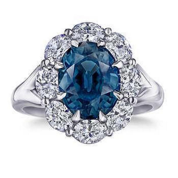 61505 3.30 CT Oval Blue Sapphire Halo Diamond Wedding Ring, 14K White Gold - Size 6.5