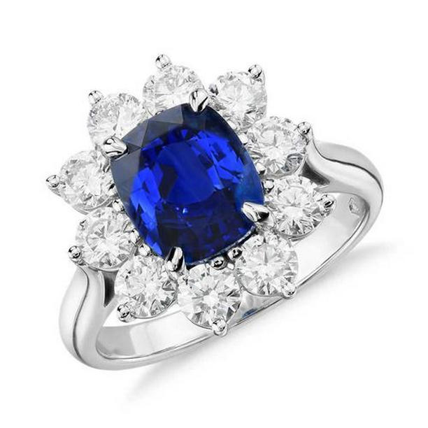 61506 2.25 CT Cushion Sri Lanka Blue Sapphire & Diamond Wedding Ring, Size 6.5