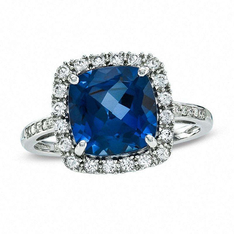 61508 3 CT Cushion Cut Sapphire with Diamond Wedding Ring, 14K White Gold - Size 6.5