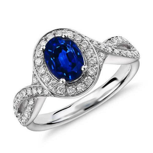 61509 3 CT Ceylon Sapphire Diamond Twist 14K White Gold Womens Ring, Size 6.5