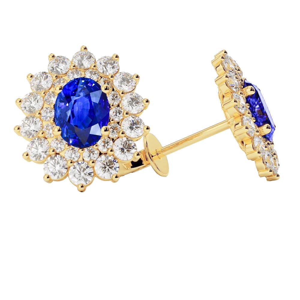4 CT Oval Cut Sri Lanka Sapphire Diamonds Studs, 14K Yellow Gold