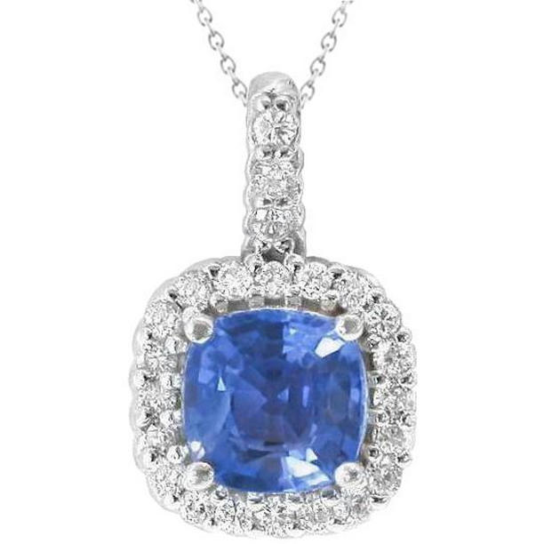Ceylon Sri Lanka Sapphire Diamond 2 CT Pendant, 14K White Gold