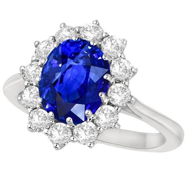 61517 1.90 CT Oval Cut Sri Lankan Sapphire Halo White Gold Diamond Ring, Size 6.5