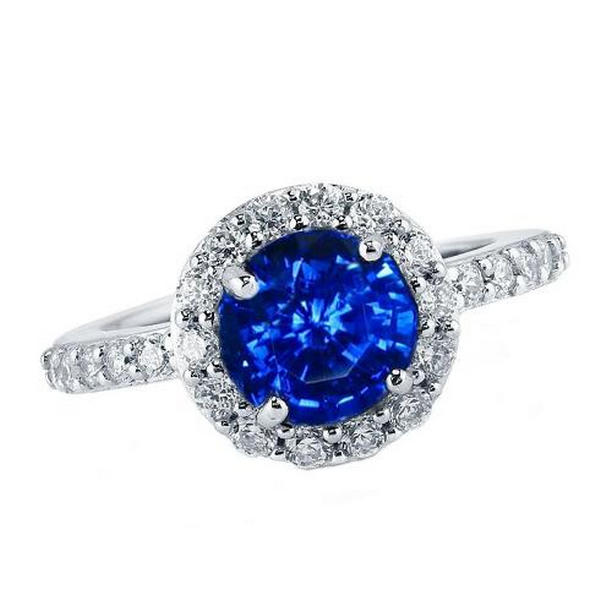 61519 2.5 CT Round Cut Sri Lankan Sapphire Halo Diamond Ring, 14K White Gold - Size 6.5