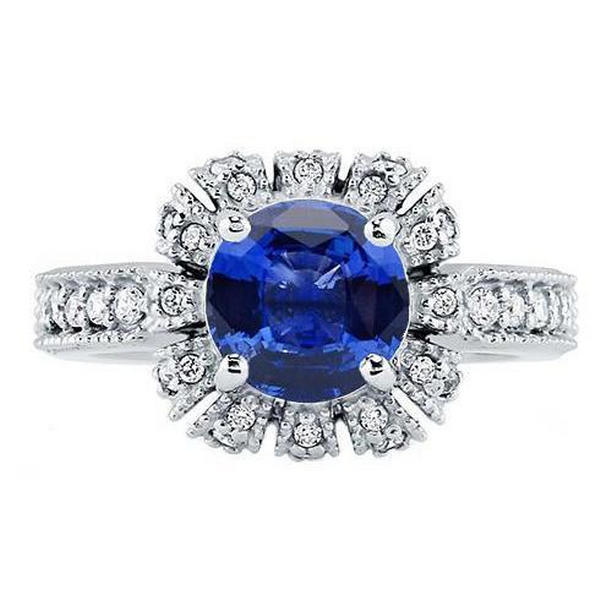 61522 3.20 CT Sri Lankan Sapphire Round Cut Diamond Wedding Ring, Size 6.5