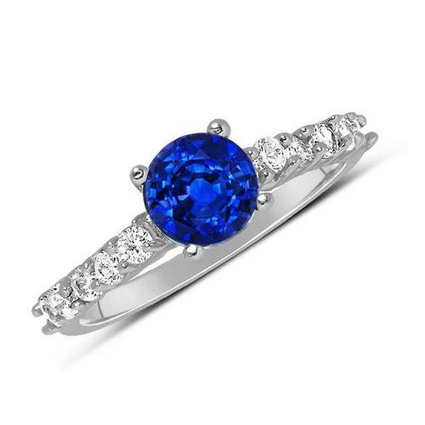 61524 1.75 CT Round Cut Sapphire Diamond Gemstone Ring, 14K White Gold - Size 6.5