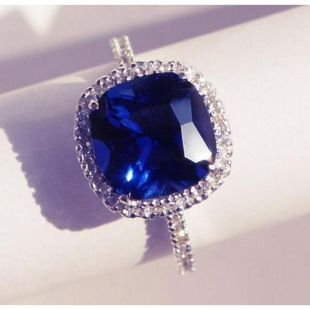 61527 3.50 CT Cushion Cut Ceylon Blue Sapphire Halo Diamond Ring, 14K White Gold - Size 6.5