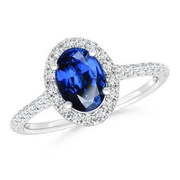 61537 2.25 CT Oval Blue Sapphire & Diamond Wedding Ring, 14K White Gold - Size 6.5