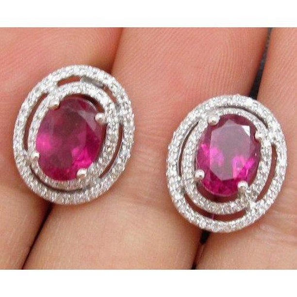 12.22 CT Tourmaline & Diamond Halo Stud Earrings, 14K White Gold