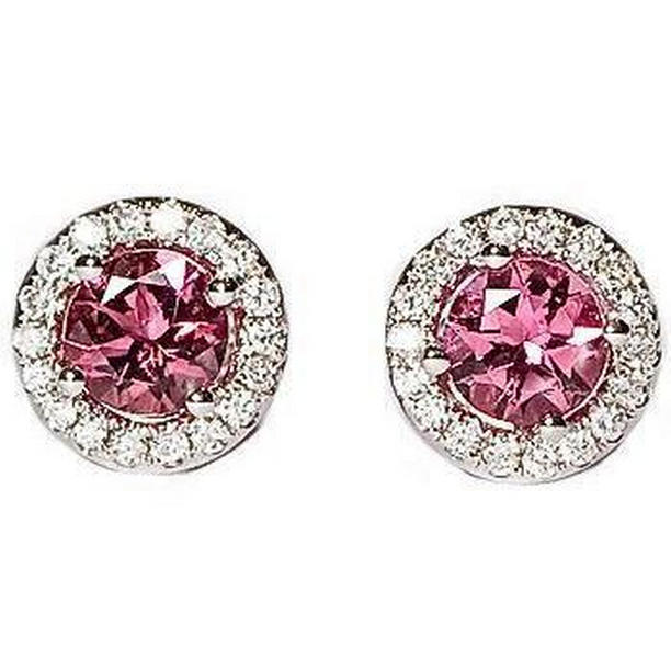 Round 8 CT Tourmaline & Diamond Stud Pave Earring, 14K White Gold