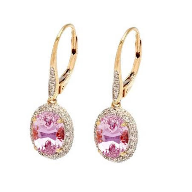 13 CT Natural Pink Kunzite & Diamond Hoop Earring, Yellow Gold