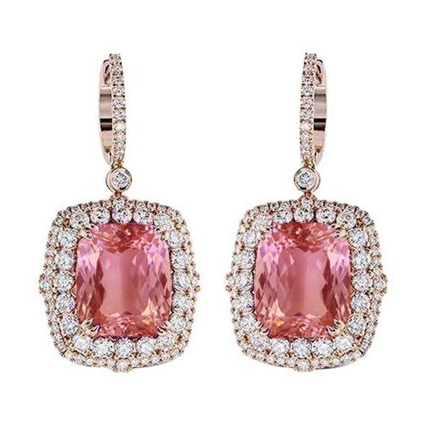 17 CT 14K White Gold Pink Kunzite with Diamond Drop Dangle Earring