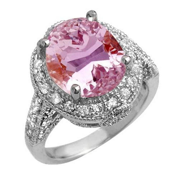 61575 16 CT Oval Cut Pink Kunzite & Diamond Wedding Ring, 14K White Gold - Size 6.5