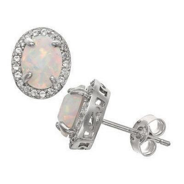 14K White Gold 10.80 CT Opal & Pave Diamonds Stud Halo Earrings