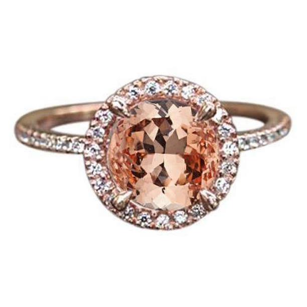 62135 14K Rose Gold 9 CT Round Cut Morganite & Diamonds Ring, Size 6.5