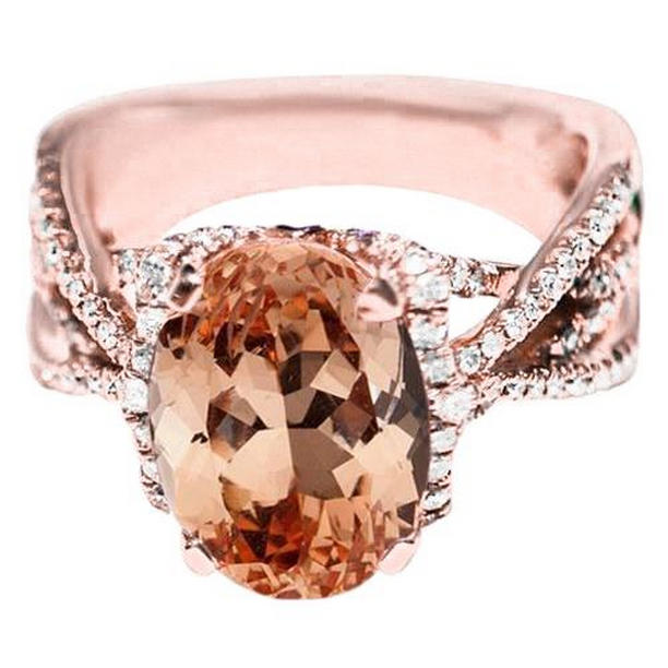 62137 Oval & Round 9.25 CT Morganite with Diamonds Ring, 14K Gold - Size 6.5