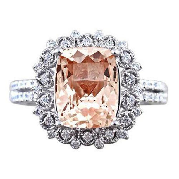 62140 6.50 CT Cushion Morganite & Diamonds Ring, 14K Gold - Size 6.5