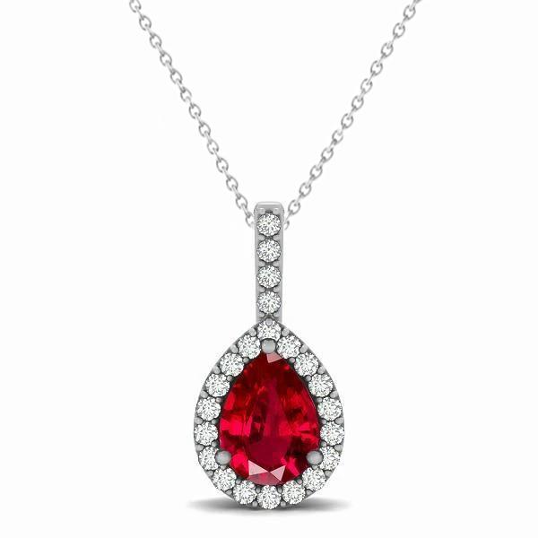 62148 3.25 CT Pear Ruby with Diamonds Pendant Necklace, 14K White Gold