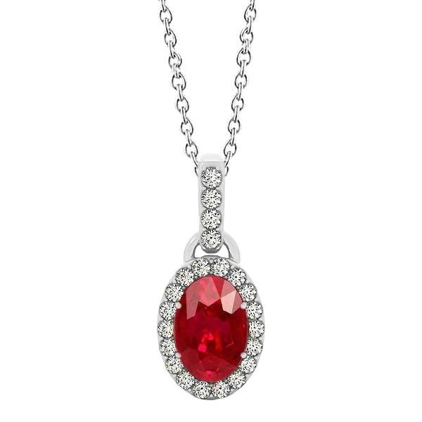 White Gold Oval Ruby with Round Diamonds 3.25 CT Pendant with Chain