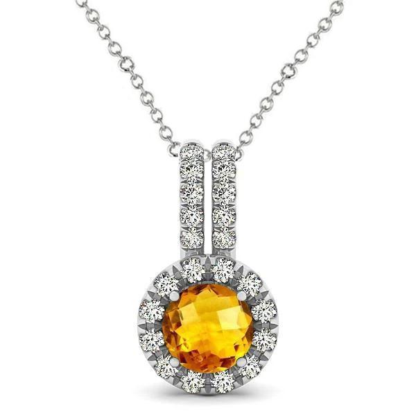 62150 12.00 CT Round Cut Citrine with Diamonds Pendant Necklace, White Gold