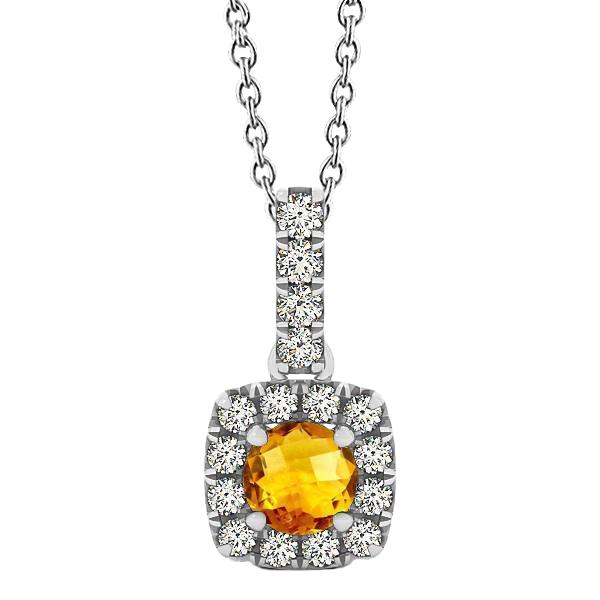 62151 White Gold 11 CT Prong Set Citrine & Diamonds Pendant with Chain