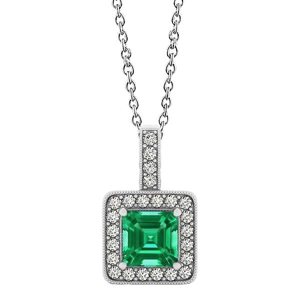 Picture of Harry Chad Enterprises 62159 4 CT Asscher Cut Emerald & Round Diamonds Gemstone Pendant Necklace