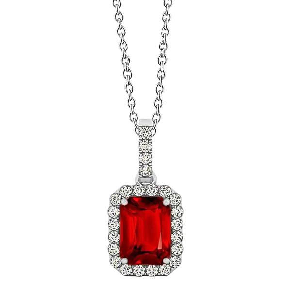 62162 14K White Gold Emerald Cut Ruby with Round Diamonds 5 CT Pendant