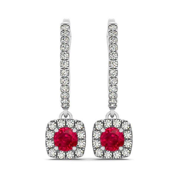 14K White Gold 7 CT Round Ruby with Diamonds Dangle Earrings