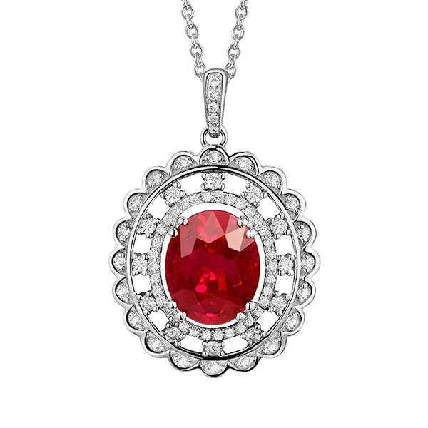 62165 Prong Set Red Ruby & Diamonds 3 CT Pendant with Chain, White Gold