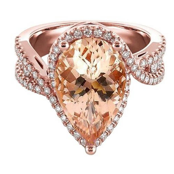 62177 Pear Morganite & Round Diamonds 6.75 CT Ring, Rose Gold - Size 6.5