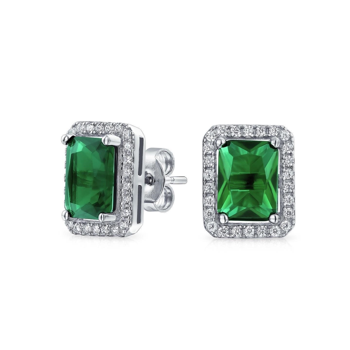 4.70 CT Prong Set Radiant Emerald Halo Diamonds Pave Studs