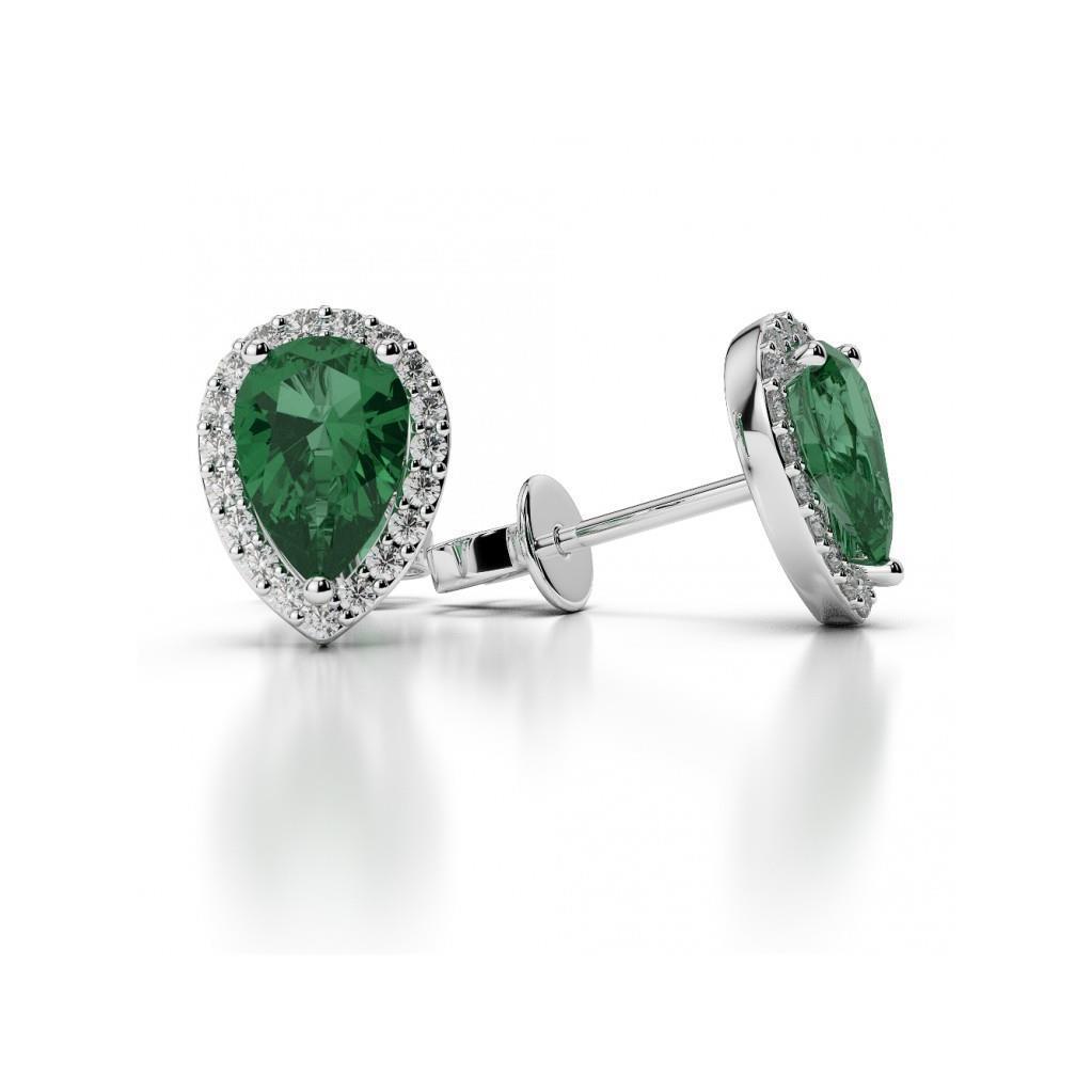 14K White Gold 4 CT Pear Emerald with Round Diamond Stud Earrings