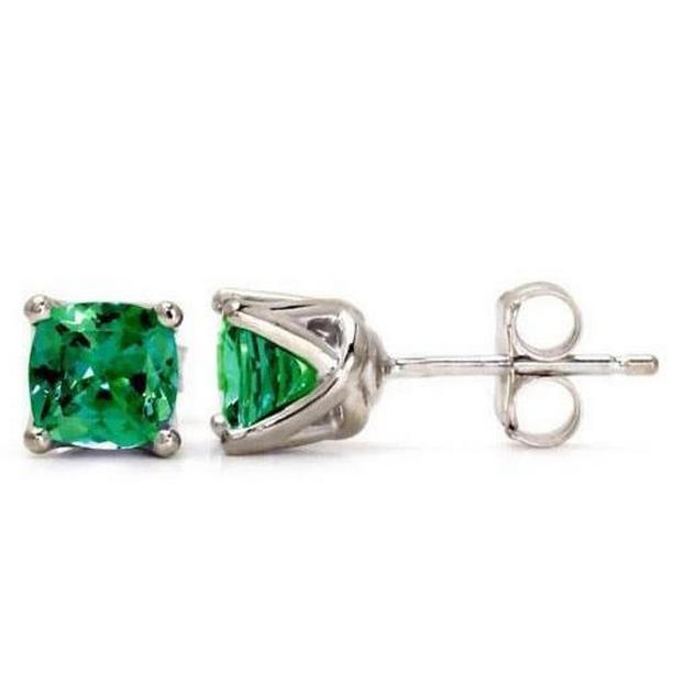 Cushion Cut Emerald 4 CT Womens Stud Earrings, 14K White Gold