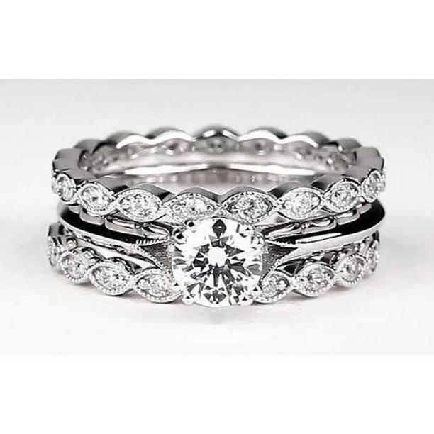 62856 2 CT Vintage Look Round Diamond Engagement Ring Set, 14K White Gold - Size 6.5