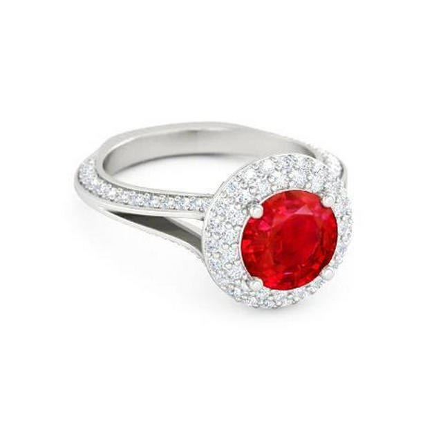 63661 Round 3.60 CT Ruby & Diamonds Anniversary Ring, 14K White Gold - Size 6.5