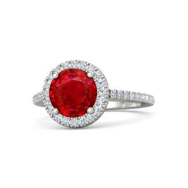 4 CT Prong Set Ruby with Diamonds Ring, 14K White Gold - Size 6.5