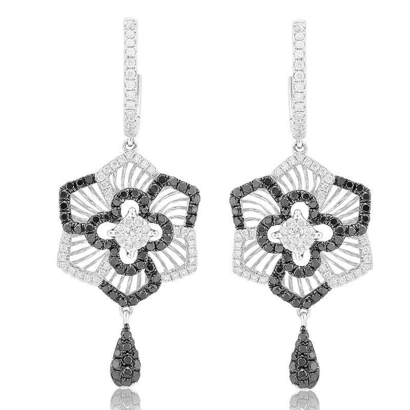 135 CT 18K Womens Gold White  Black Diamond Dangle Earrings