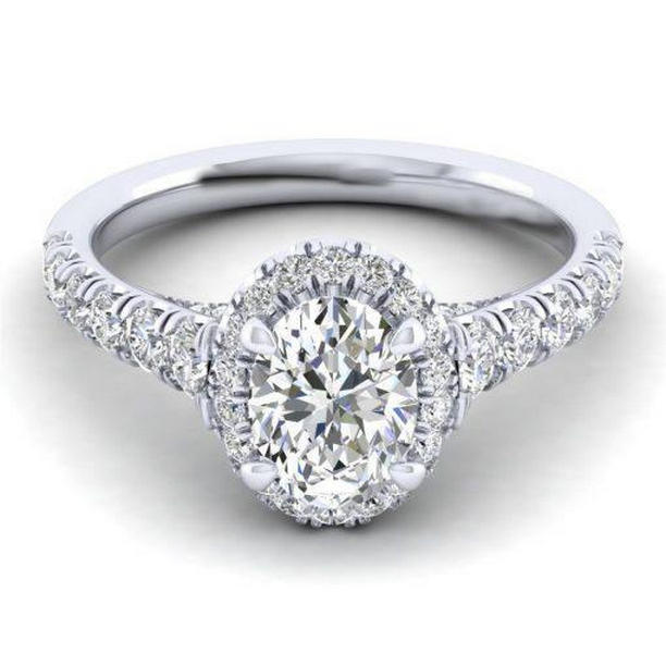 2 CT Diamonds Wedding White Gold Halo Ring, Size 6.5
