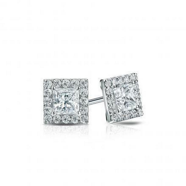 63702 Pave Princess & Round Cut 2.92 CT Diamond Stud Halo Earrings